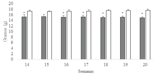 Figura 4. Consumo de alimento entre CG (gris) y SG (blanco) durante las 7 semanas proyectadas a través de k-NN. CG = control, SG = stevia.