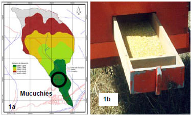 FIGURA 1 Ubicación geográfica y trampa de polen. 1a. Misintá, al norte de Mucuchíes, Municipio Rangel, Estado Mérida.1b. Trampa de polen en el apiario de Misintá
