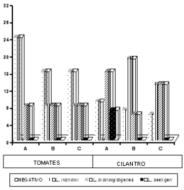 FIGURA 3 Distribución del total de muestras de tomates y cilantro según resultados de los cultivos de Listeria spp por supermercado