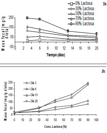 FIGURA 2 Efecto del tiempo y de la concentración de lactosa sobre la severidad de la diarrea producida por el reemplazo de parte de los carbohidratos dietarios por lactosa