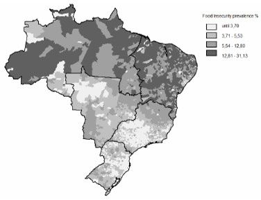 FIGURE 1 Food Insecurity prevalence in Brazilian municipalities calculated by proposed predictive model presented in quartiles. Brazil, 2004