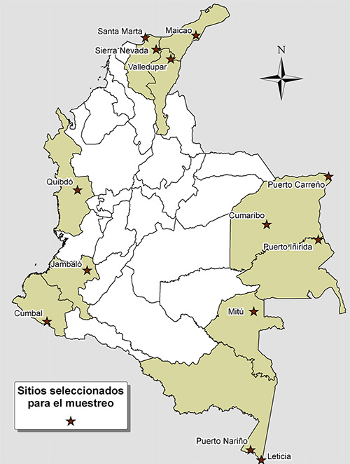 FIGURA 1 Ciudades y municipios visitados en Colombia para la recolección de datos