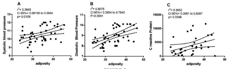 FIGURE 2 Spearman Coefficient of total adiposity and (A) systolic (B) and diastolic blood pressure, (C) high-sensitivity C-reactive protein considering of 20-40 year old non-obese and obese women with no dyslipidemia, impaired glucose fasting and hypertension, Belo Horizonte, Minas Gerais, Brazil