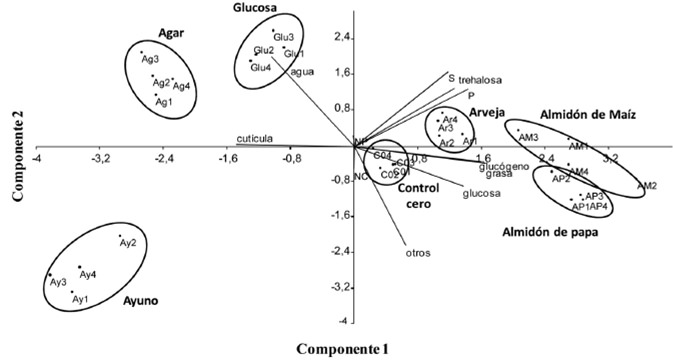 FIGURA 1. Biplot del análisis de componentes principal. Las siete dietas (por cuatriplicado) se ubican según sus coordenadas en los primeros componentes y los autovectores de la variables. C0: control día cero; Ay: ayuno; Ar: arveja; Ag: Agar al 4%; Glu: glucosa al 5% en agar al 4%; AM: almidón de maíz; AP: almidón de papa. Los números del 1-4 corresponden a las réplicas. Parámetros: S: supervivencia, P: variación de peso, NC: nitrógeno cuticular, NP: nitrógeno proteico.