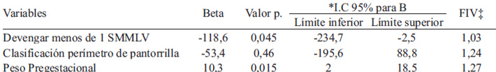 Tabla 2: Asociación del peso al nacer con variables sociodemográficas, económicas, de salud, antropométricas de la madre