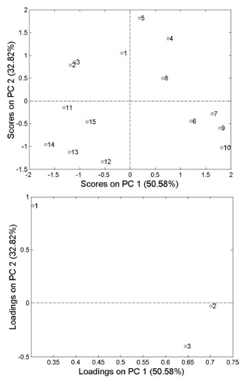 Figure 3 – A – Scores plot CC samples by PCA : CC1 A-E (1 to 5), CC2 A-E (6 to 10) and CC3 A-E (11 to 15) ; B – A – Loads plot MC samples by PCA: 1 – folic acid, 2 – iron and 3 – zinc.