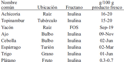 Tabla 6: Alimentos con mayor contenido de fructanos