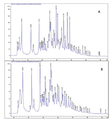 FIGURA 1. Cromatogramas HPLC de extracto hidrofílico de uchuva estado 1 (verde claro) (A) y estado 3 (fruto anaranjado con visos verdes hacia el cáliz) (B).