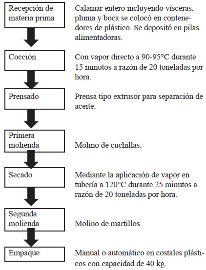 Figura 1. Diagrama del proceso para la obtención de harina de calamar gigante (Dosidicus gigas).