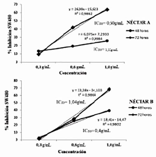 FIGURA 3.Efecto citotóxico de NA y NB sobre células de adenocarcinoma de colon SW480 durante un tiempo de exposición de 48 y 72 horas. Los datos son expresados como promedio ± error estándar de la media (n=3)