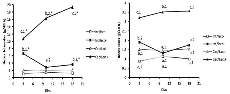 FIGURA 1. Masa fecal húmeda (izquierda) y seca (derecha) en ratas intactas o cecotomizadas que consumieron dietas con lactosa (diarrea) o sin lactosa (controles) durante