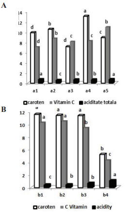 Figure 1.The influence of organic fertilization (A) and storage time (B) on the chemical composition of fruits at Antalya hybrid