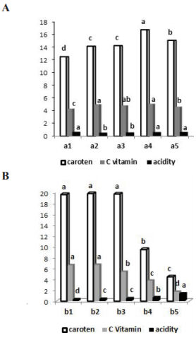Figure 2. The influence of organic fertilization (A) and storage time (B) on the chemical composition of fruits at Chocolat hybrid