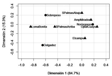 Figura 1. Mapa perceptual (ACS) de las categorías de los atributos analizados.