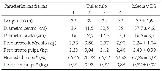 Tabla 1. Características físicas de los tubérculos de malanga (<i>Colocasia esculenta</i> L. Schott)