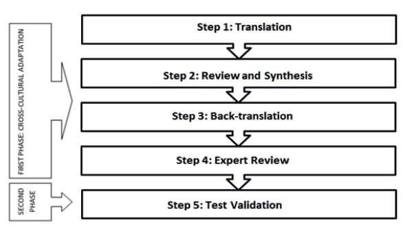 FIGURE 1. Phases of the procedureto (1) Evaluate the cross-cultural adaptation of the Spanish version of the Self-Efficacy Consumption of Fruit and Vegetables Scale questionnaire among the Spanish population, and (2)Validate the questionnaire.