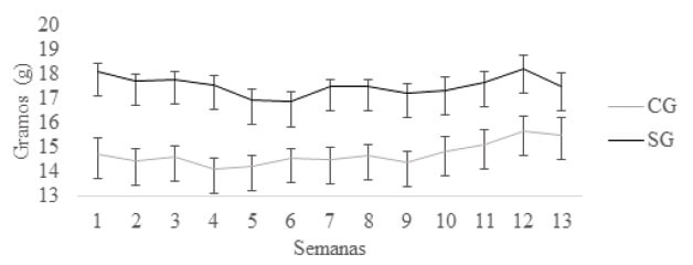 Figura 1. Consumo de alimento durante 13 semanas de experimentación. CG = control, SG = stevia