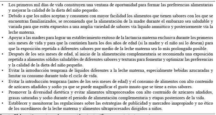 Cuadro 1. Mensajes clave y recomendaciones para formar preferencias alimentarias saludables en etapas tempranas de la vida