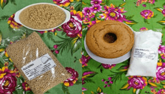 Figura 1. Poroto “sopinha” in natura y en guiso, Harina de maíz “catete” y tarta de maíz “catete”