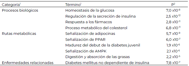 Tabla 3. Resultados del análisis de enriquecimiento de términos que caracterizan a las proteínas codificadas por los genes estudiados en la relación de las variantes genéticas con el desarrollo de la obesidad.