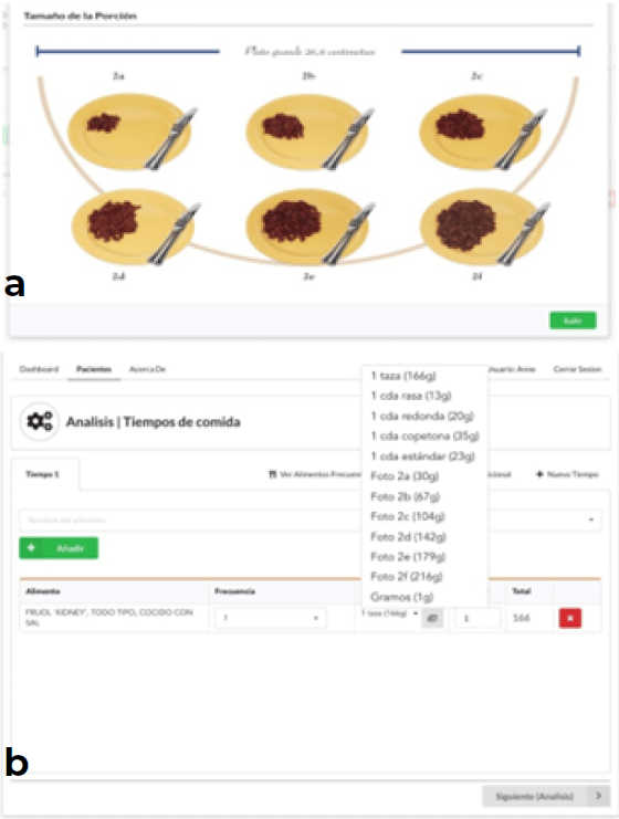 Figura 3. Pantalla a con imágenes y pantalla b con opciones para reportar tamaño de porción consumido.