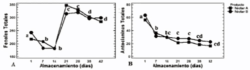 FIGURA 1. A. Fenoles totales durante almacenamiento. B. Antocianinas totales durante almacenamiento. Los datos se presentan como el promedio ± desviación estándar. Las letras distintas indican diferencias estadísticamente significativas, según la prueba de Tukey (P<0,05).)