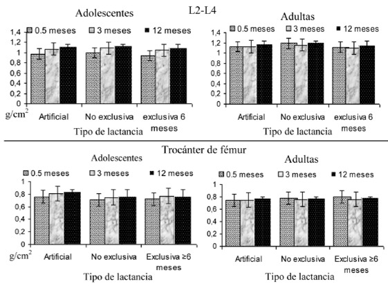 FIGURA 1A. Patrón de la DMO de L2-L4 y trocánter de fémur a 0.5, 3 y 12 meses posparto en adolescentes y adultas por práctica de lactancia.