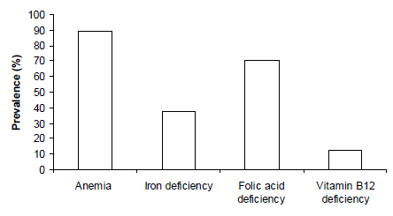 FIGURE 1 Prevalence of anemia and deficiencies of iron, folic acid and vitamin B12 in the Piaroa community of Betania del Topocho, Amazonas State, Venezuela. Distribution of total population studied1