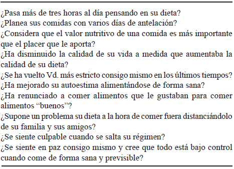 TABLA 1 Test diagnostico para la ortorexia (Modificado de Bratman)