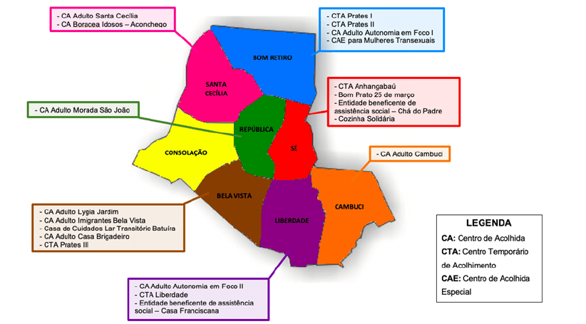 Fonte: Informações disponíveis pela Secretaria Municipal de Assistência e Desenvolvimento Social. Disponível em: https://www.prefeitura.sp.gov.br/cidade/secretarias/assistencia_social/. Figura 1 - Distribuição dos principais equipamentos públicos de alimentação, nutrição e assistência social, na região central de São Paulo, que oferecem refeições prontas para pessoas em situação de rua.