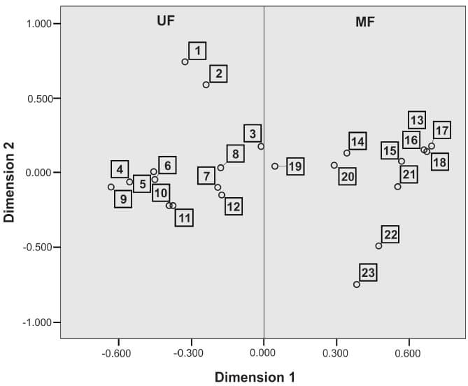Figure 1. Socio-environmental groups according to Principal Components Analysis (catPCA). UNFAVORABLE (UF). Dimension 1: negative values. Schoolchildren with unfavorable socio-environmental conditions of residence: low construction quality of households, scarce public services, overcrowding, low level of parental education, temporary unskilled jobs, monetary governmental assistance, orchard and/or animal husbandry for family consumption, health care in public hospitals. 1= Bottled gas; 2= Septic tank; 3= Monetary support (public assistance); 4= Water supply by protected well; 5= Health care in public hospital; 6= Orchard; 7= Dirt (floor type); 8= Animal husbandry; 9= Low-quality house building material; 10= Low maternal education; 11= Low paternal education; 12= Overcrowding. MORE FAVORABLE (MF). Dimension 1: positive values. Schoolchildren with more favorable socio-environmental conditions of residence: households of higher construction quality, less critical crowding, access to public services, higher level of parental education, formal jobs and health care covered by health insurance. 13= House owner; 14= Father formal work; 15=Health insurance present; 16= Medium-quality house building material; 17= Piped water system; 18= Waste collection; 19= Nutritional support (public assistance); 20= Mother formal work; 21= Pavement; 22= Sewage system; 23= Piped gas.