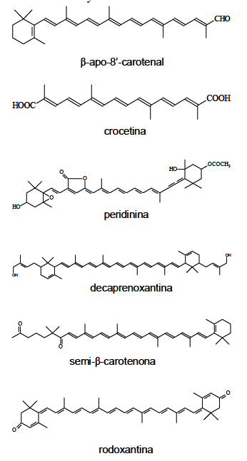 FIGURA 1 Estructuras químicas de â-apo-8’-carotenal, crocetina, peridinina, decaprenoxantina, semi- â-carotenona y rodoxantina