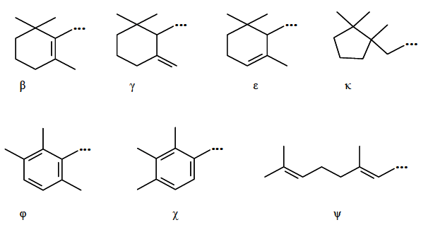 FIGURA 3 Grupos terminales presentes en las moléculas de los pigmentos carotenoides