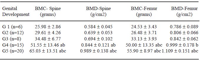 TABLE 4 Mean and standard deviations of bone mineral content and bone mineral density in the lumbar spine and femoral neck according to sexual maturity levels