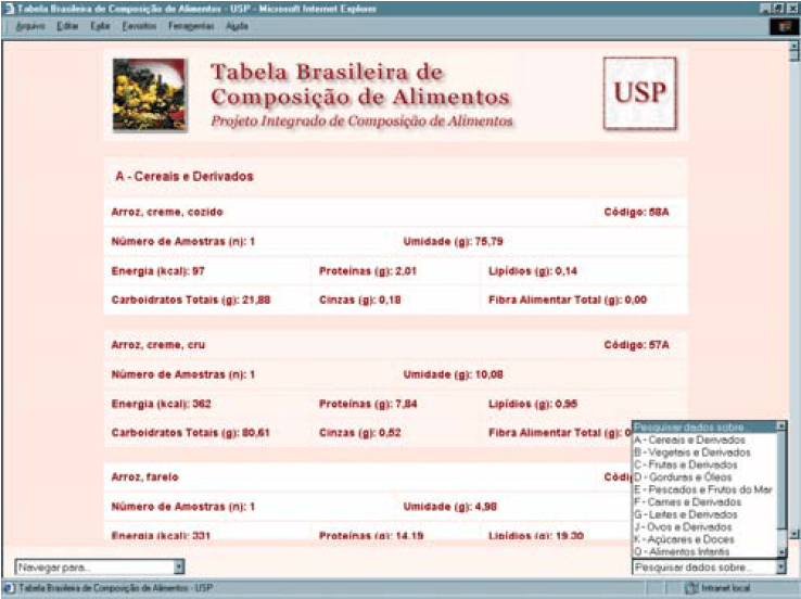 FIGURA 2 Exemplo de apresentação dos dados na TBCA-USP 3.0 em tabela blocada e janelas de navegação