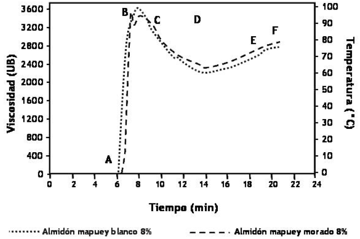 FIGURA 4 Amilogramas de almidones nativos de D. trifida (mapuey), variedades blanco y morado (8.0 g/100 ml)