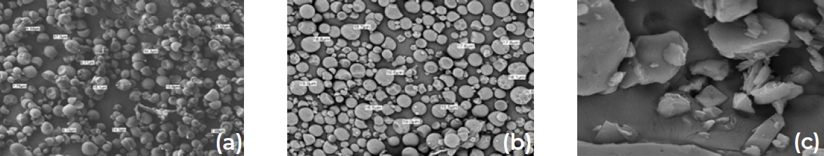 Figura 1. Microscopía electrónica de barrido de los gránulos del (a) almidón nativo de yuca  M. esculenta, (b) pirodextrina y (c) maltodextrina enzimáticamente resistente.