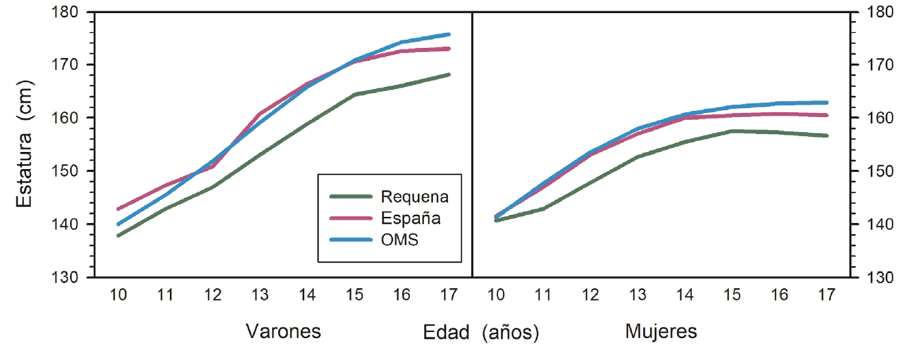 Figura 5. Comparación de la talla media de varones y mujeres de Requena, según la edad, y la referencia española actual21 e internacional de la OMS19 (p<0,05 entre Requena, OMS y España a todas las edades en la serie masculina y a partir de los 12 en la serie femenina)