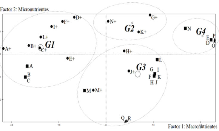 Figura 1. Gráfico (biplot) de los planos factoriales del Análisis de Componentes Principales (ACP) para las muestras de productos lácteos ● Letras con un signo positivo (+) corresponden a valores provenientes del análisis químico. ■ Letras que corresponden a valores provenientes del etiquetado nutricional. ▲ Letras que corresponden a productos de referencia.